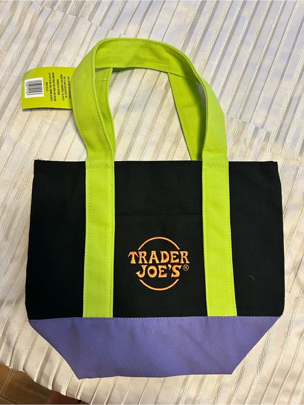 Trader Joe’s Black Canvas Tote Bag with Lime Handles and Purple Base